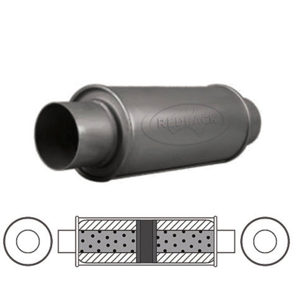 Redback Universal Muffler - 5" Round - 12" Long - 2 1/4" Centre/Centre - Glass Packed