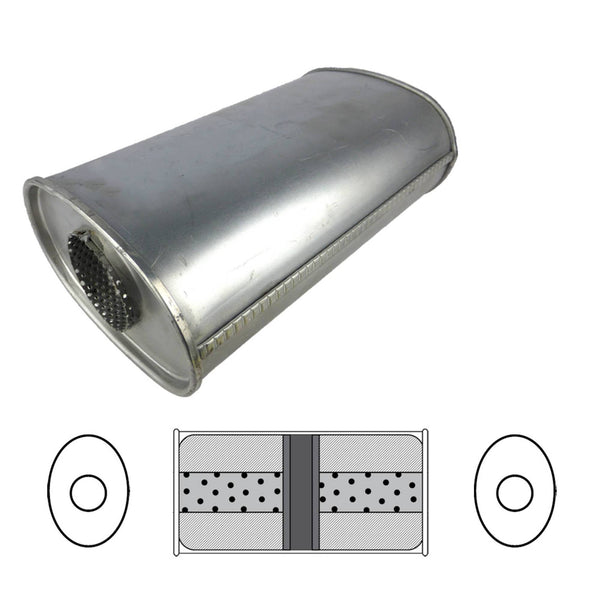 Redback Universal Muffler - 8" x 4" Oval - 14" Long - 2 1/4" Centre/Centre - Glass Packed Chambered
