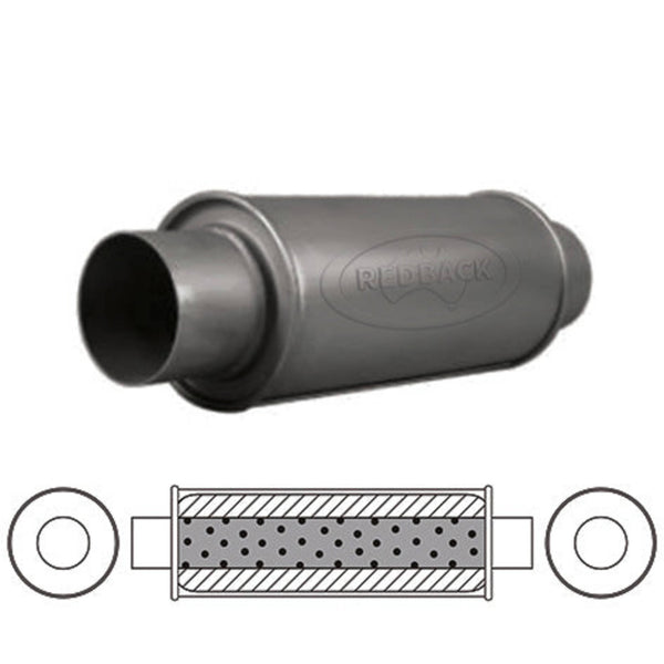 Redback Universal Muffler - 5" Round - 12" Long - 3" Centre/Centre - Glass Packed