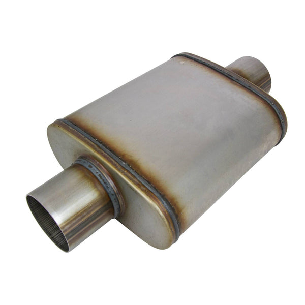 Redback Universal Muffler - 9" x 4" Oval - 14" Long - 2 1/2" Centre/Centre - Mega Power - With Spigots - 409 Stainless - Unpolished