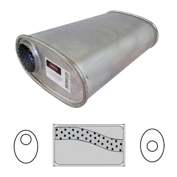 Redback Universal Muffler - 8" x 4" Oval - 16" Long - 2 1/2" Offset/Centre - Megaflow - No Spigots
