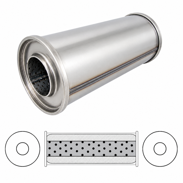 Universal Muffler 409 Stainless Steel - 125mm (5") Round - 300mm (12") Long - 63mm (2-1/2") - Centre / Centre - Megaflow N718MN-409
